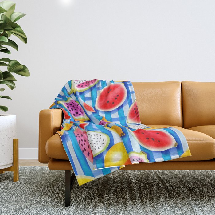 Tropical Fruit Pop, Colorful Eclectic Mango Dragon Fruits, Watermelon Eclectic Juicy Food Picnic  Throw Blanket Gallery Image 1