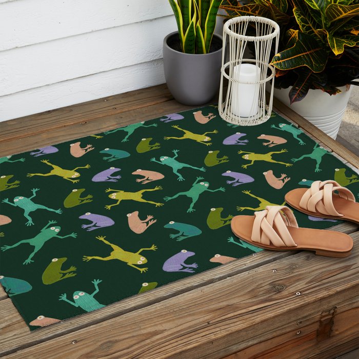 Frog party, fun frogs pattern dark Outdoor Rug Gallery Image 2