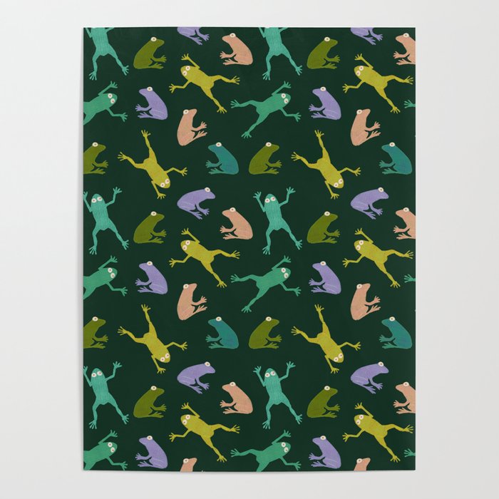 Frog party, fun frogs pattern dark Poster Gallery Image 1