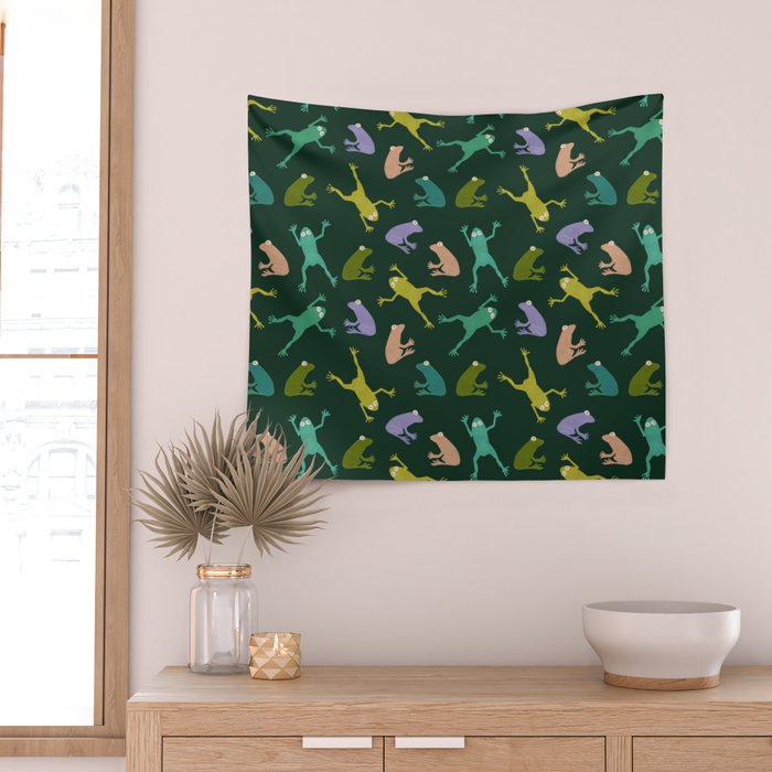 Frog party, fun frogs pattern dark Wall Tapestry Gallery Image 2