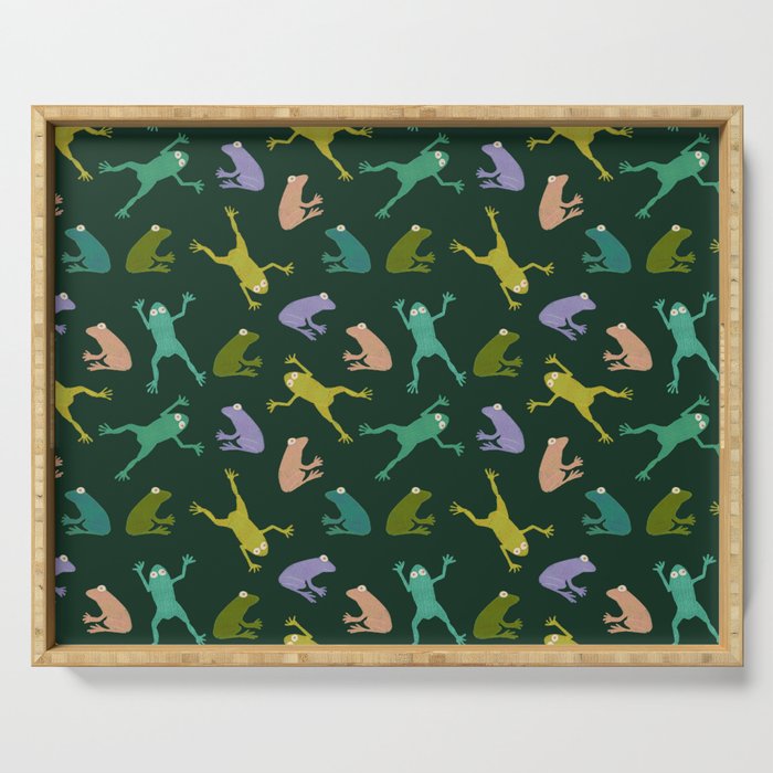 Frog party, fun frogs pattern dark Serving Tray Gallery Image 1