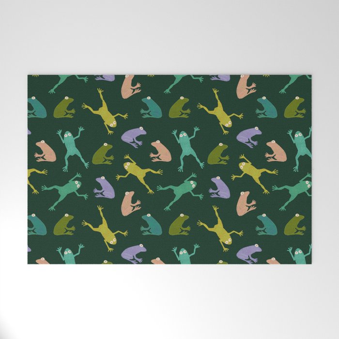Frog party, fun frogs pattern dark Welcome Mat Gallery Image 1