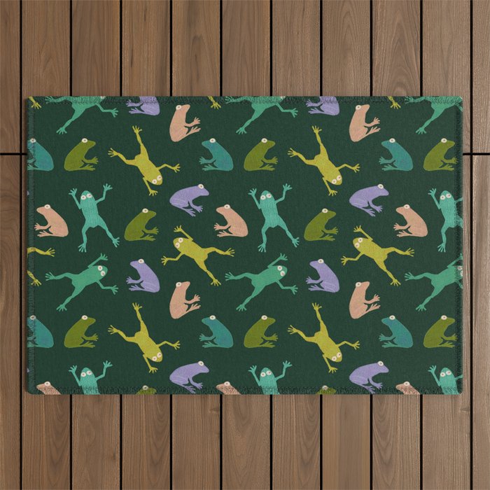 Frog party, fun frogs pattern dark Outdoor Rug Gallery Image 1