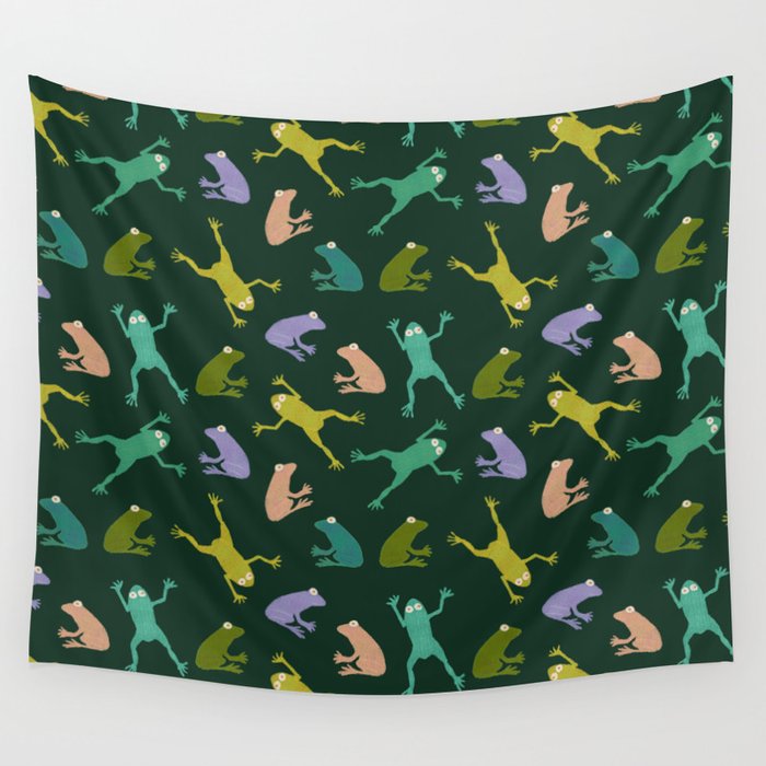 Frog party, fun frogs pattern dark Wall Tapestry Gallery Image 1