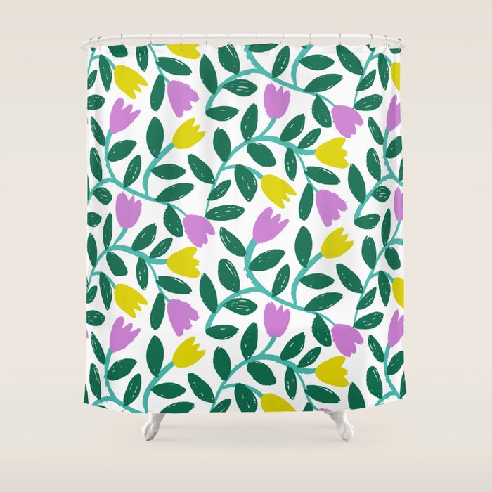 Simple Floral - Green, Very Peri and Yellow Shower Curtain Gallery Image 1