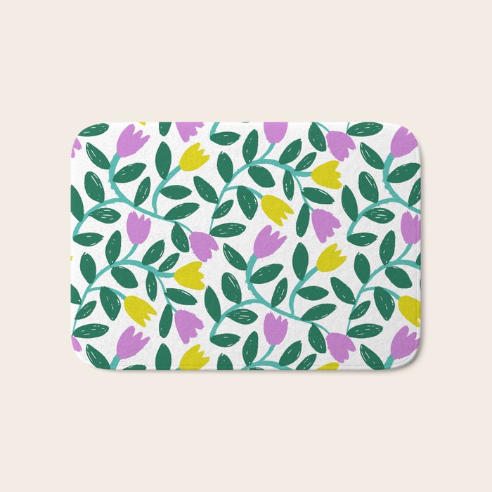 Simple Floral - Green, Very Peri and Yellow Bath Mat Gallery Image 1