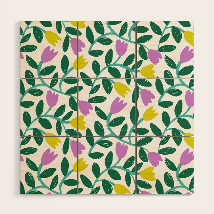 Simple Floral - Green, Very Peri and Yellow Wood Wall Art Gallery Image 1