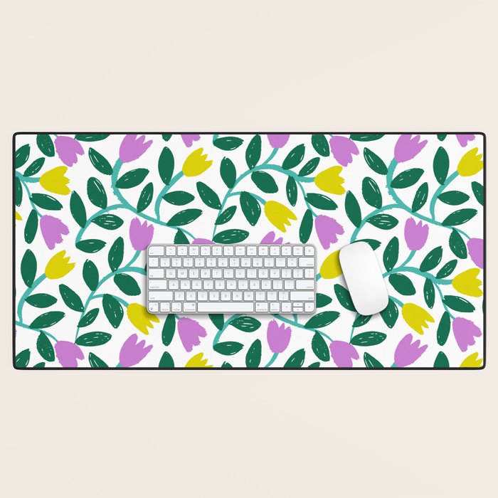 Simple Floral - Green, Very Peri and Yellow Desk Mat Gallery Image 1