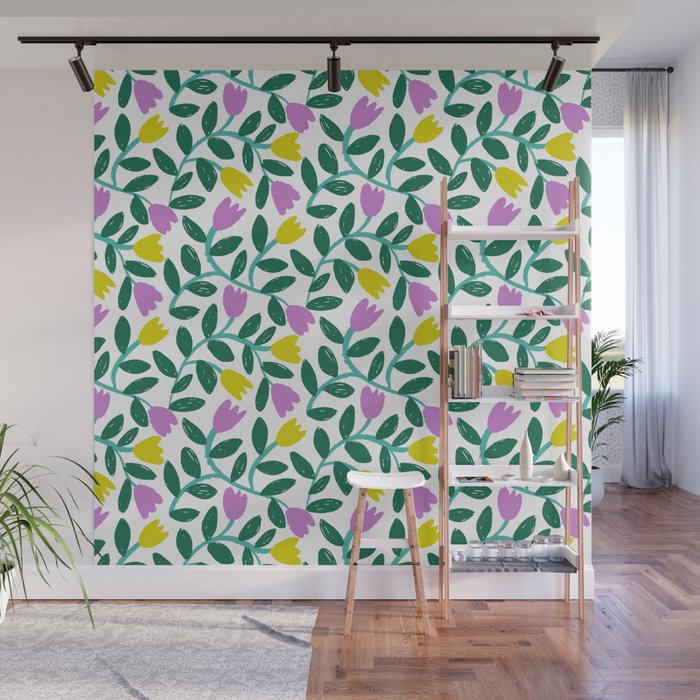 Simple Floral - Green, Very Peri and Yellow Wall Mural Gallery Image 1