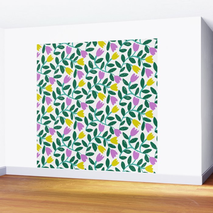 Simple Floral - Green, Very Peri and Yellow Wall Mural Gallery Image 2