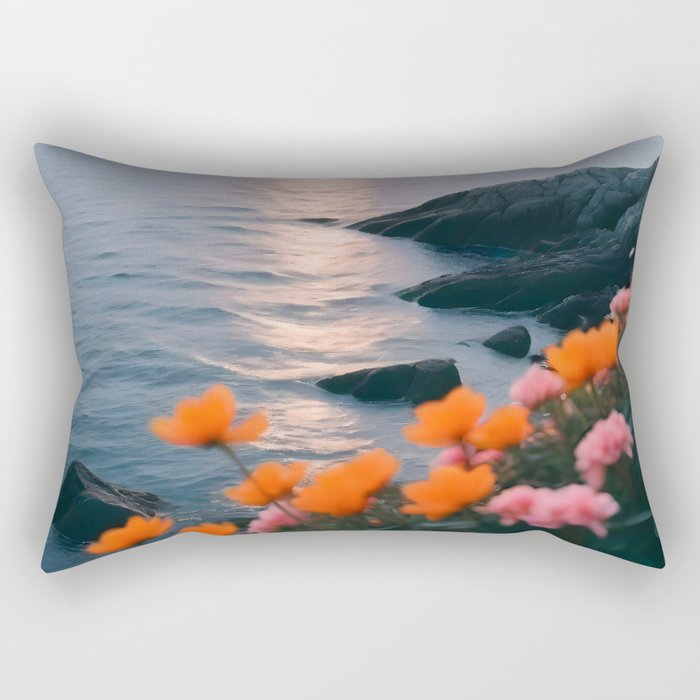 Rocky Beach Sunset, Nature Ocean Landscape Scenic Travel, Mountain Adventure Trek Beach Outdoors, Mindful Photography Rectangular Pillow Gallery Image 2