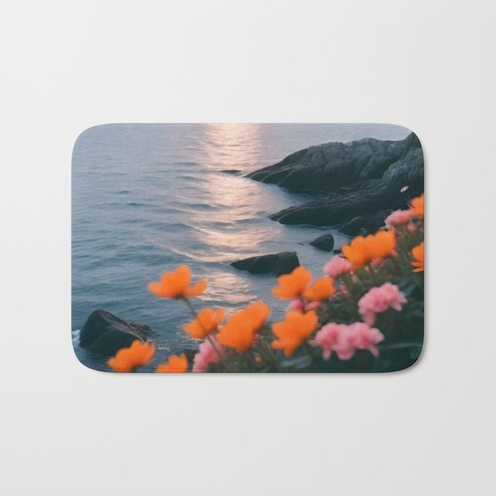 Rocky Beach Sunset, Nature Ocean Landscape Scenic Travel, Mountain Adventure Trek Beach Outdoors, Mindful Photography Bath Mat Gallery Image 1