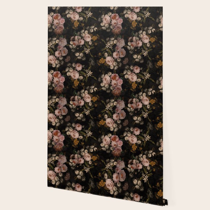 Antique Botanical Peach Roses And Chamomile Midnight Garden Wallpaper Gallery Image 2