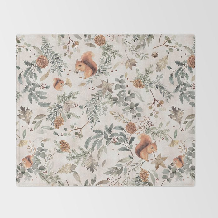 Harvest 2025 Woodland Squirrel Botanical Leaves Watercolor Ecru Throw Blanket Gallery Image 2