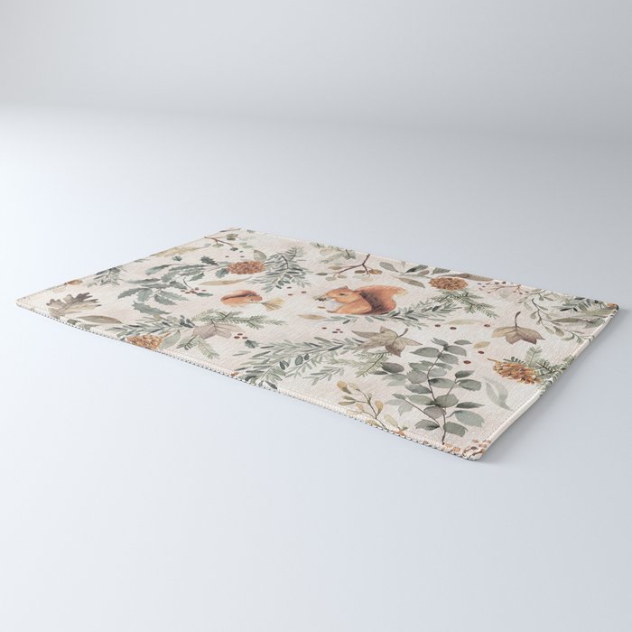 Harvest 2025 Woodland Squirrel Botanical Leaves Watercolor Ecru Rug Gallery Image 3