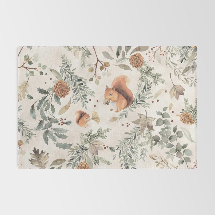 Harvest 2025 Woodland Squirrel Botanical Leaves Watercolor Ecru Rug Gallery Image 2