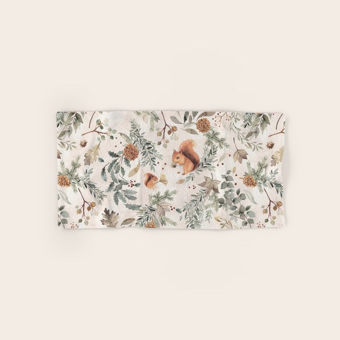 Harvest 2025 Woodland Squirrel Botanical Leaves Watercolor Ecru Bath Towel Gallery Image 1