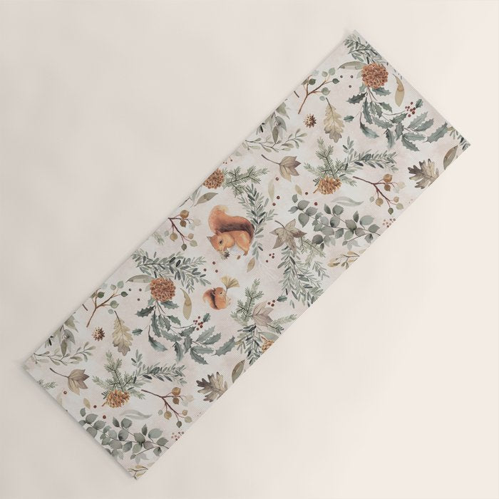Harvest 2025 Woodland Squirrel Botanical Leaves Watercolor Ecru Yoga Mat Gallery Image 1