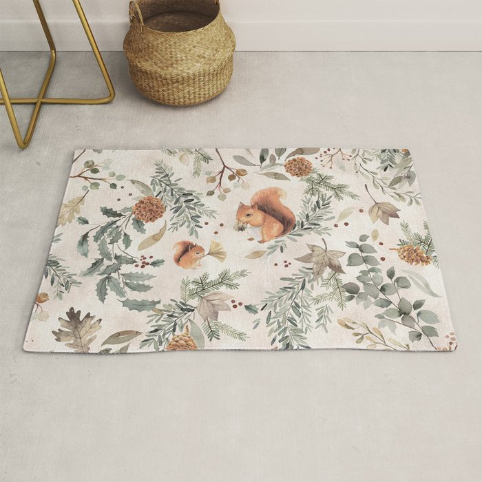 Harvest 2025 Woodland Squirrel Botanical Leaves Watercolor Ecru Rug Gallery Image 1