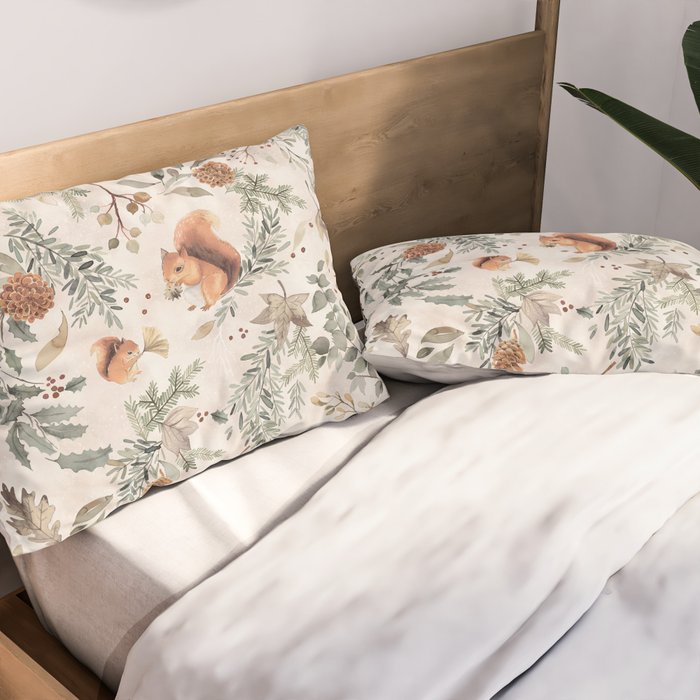Harvest 2025 Woodland Squirrel Botanical Leaves Watercolor Ecru Pillow Sham Gallery Image 2
