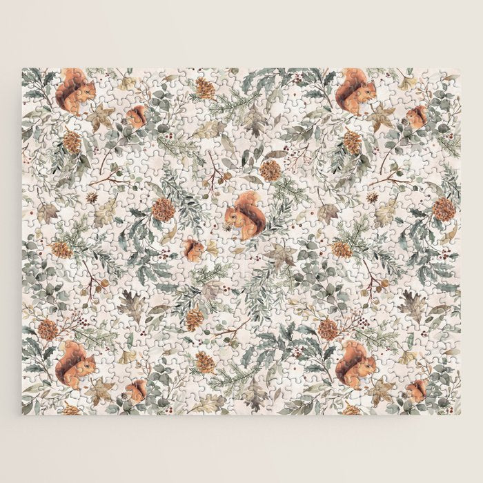 Harvest 2025 Woodland Squirrel Botanical Leaves Watercolor Ecru Jigsaw Puzzle Gallery Image 1