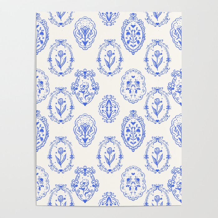 Elegant Blue Victorian Frame with Delicate Flower Poster Gallery Image 1