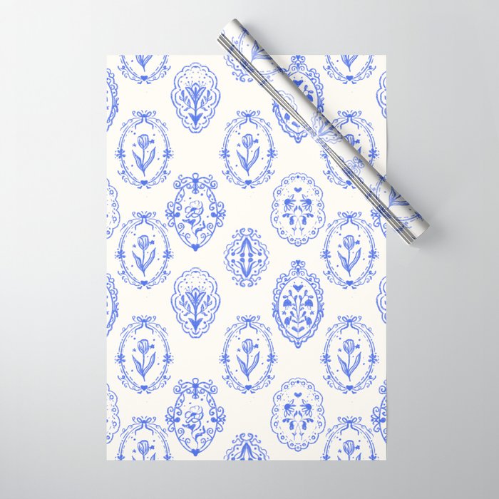 Elegant Blue Victorian Frame with Delicate Flower Wrapping Paper Gallery Image 1