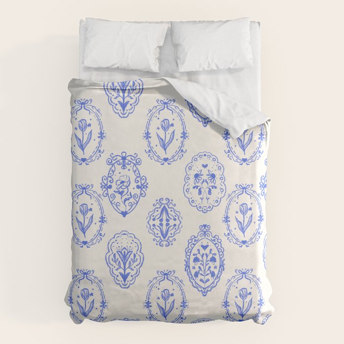 Elegant Blue Victorian Frame with Delicate Flower Duvet Cover Gallery Image 1