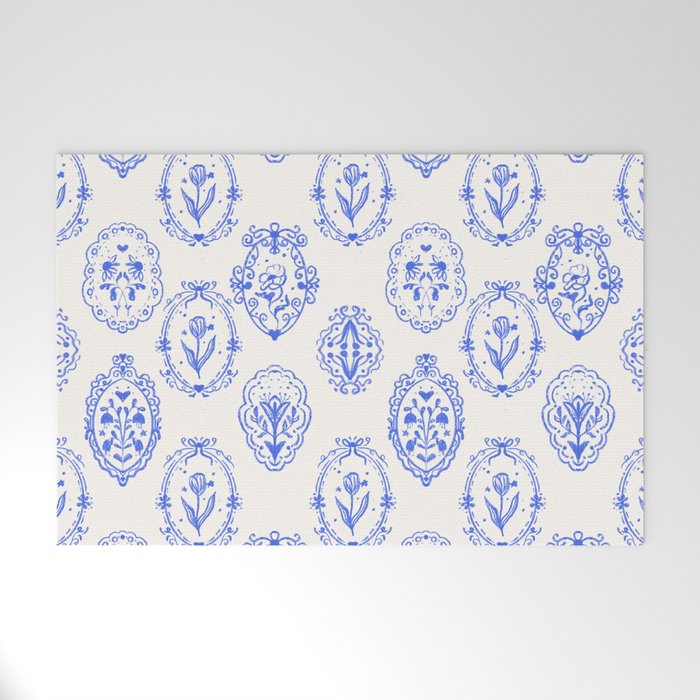 Elegant Blue Victorian Frame with Delicate Flower Welcome Mat Gallery Image 1