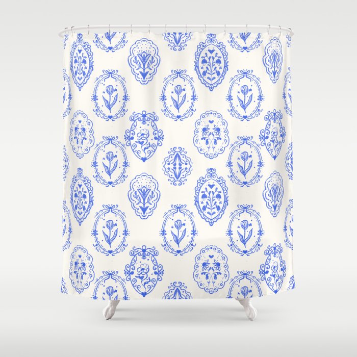 Elegant Blue Victorian Frame with Delicate Flower Shower Curtain Gallery Image 1