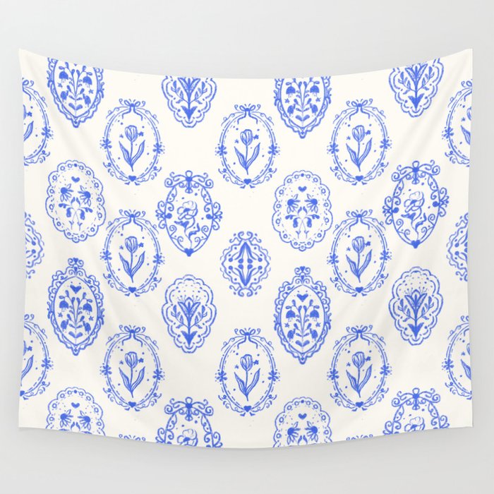Elegant Blue Victorian Frame with Delicate Flower Wall Tapestry Gallery Image 4