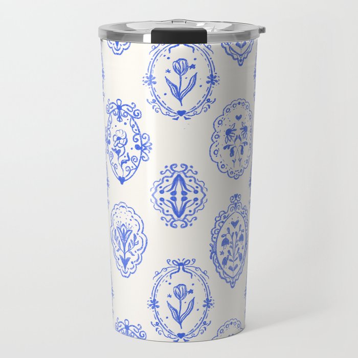 Elegant Blue Victorian Frame with Delicate Flower Travel Mug Gallery Image 1