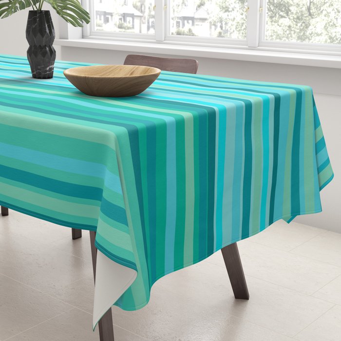 Joseph Stripes - Fine Stripe Pattern in Tropical Ocean Aqua Cyan Blue-Green  Tablecloth Gallery Image 3