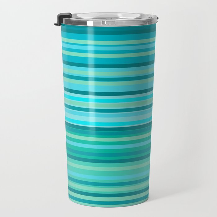 Joseph Stripes - Fine Stripe Pattern in Tropical Ocean Aqua Cyan Blue-Green  Travel Mug Gallery Image 3