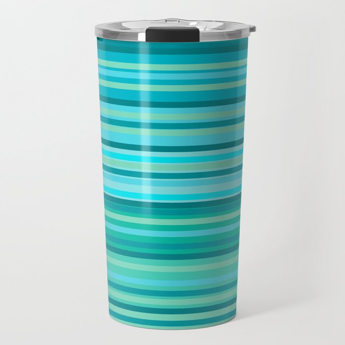 Joseph Stripes - Fine Stripe Pattern in Tropical Ocean Aqua Cyan Blue-Green  Travel Mug Gallery Image 1