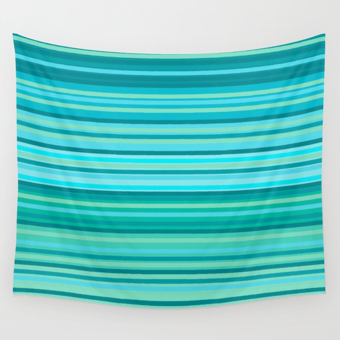 Joseph Stripes - Fine Stripe Pattern in Tropical Ocean Aqua Cyan Blue-Green  Wall Tapestry Gallery Image 1