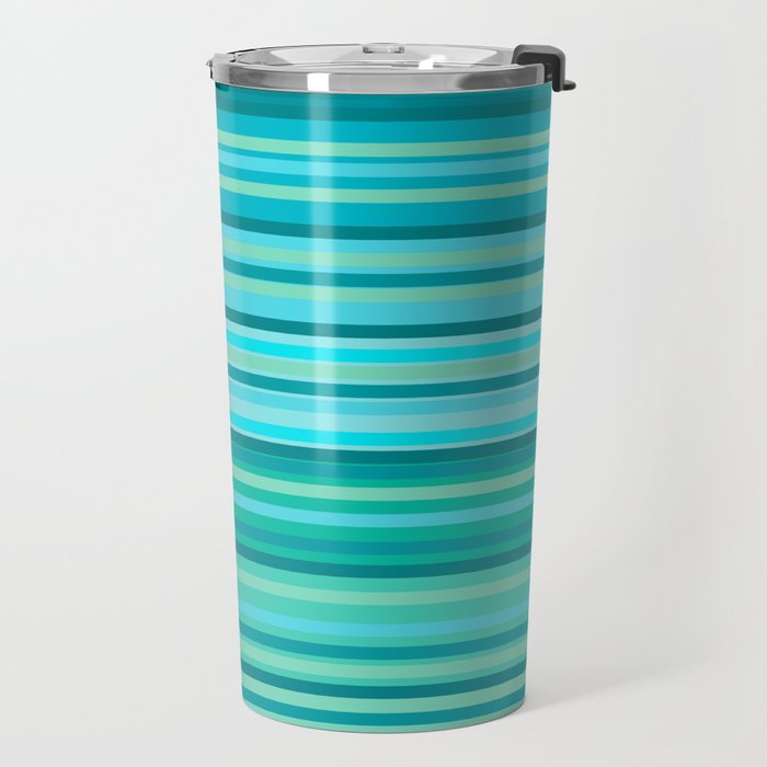 Joseph Stripes - Fine Stripe Pattern in Tropical Ocean Aqua Cyan Blue-Green  Travel Mug Gallery Image 2