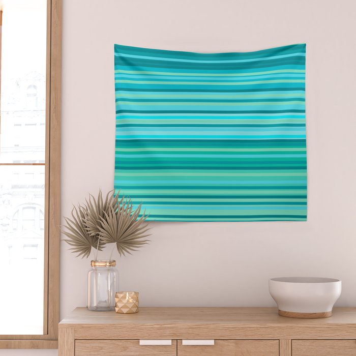 Joseph Stripes - Fine Stripe Pattern in Tropical Ocean Aqua Cyan Blue-Green  Wall Tapestry Gallery Image 2