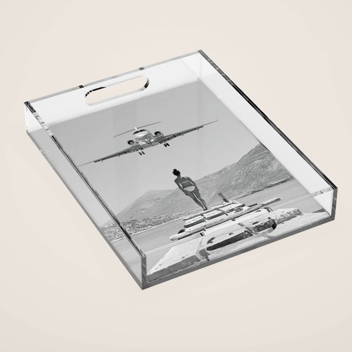 Steady As She Goes; aircraft coming in for an island landing black and white photography- photographs Acrylic Tray Gallery Image 1