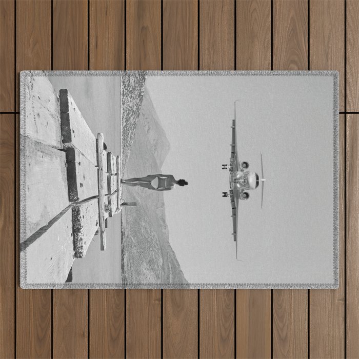 Steady As She Goes; aircraft coming in for an island landing black and white photography- photographs Outdoor Rug Gallery Image 1