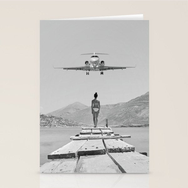 Steady As She Goes; aircraft coming in for an island landing black and white photography- photographs Stationery Card Gallery Image 1