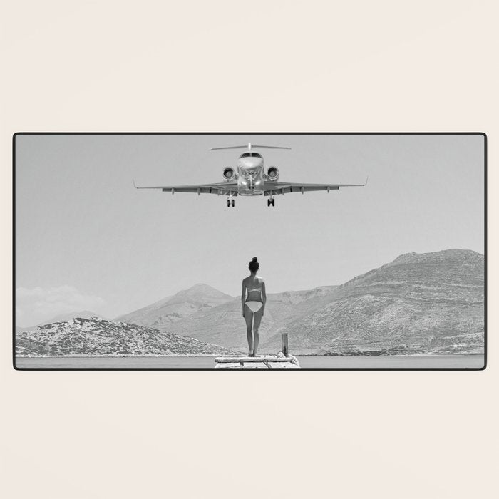 Steady As She Goes; aircraft coming in for an island landing black and white photography- photographs Desk Mat Gallery Image 3