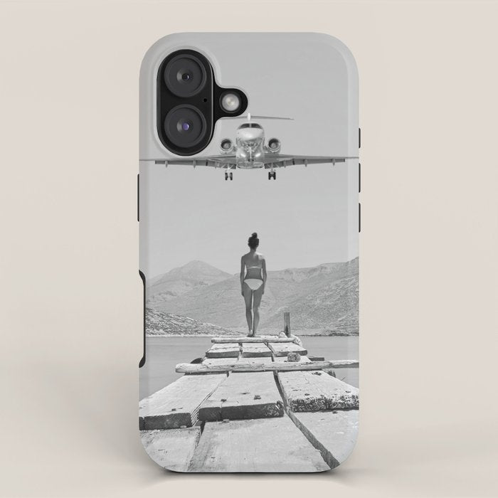 Steady As She Goes; aircraft coming in for an island landing black and white photography- photographs iPhone Case Gallery Image 1