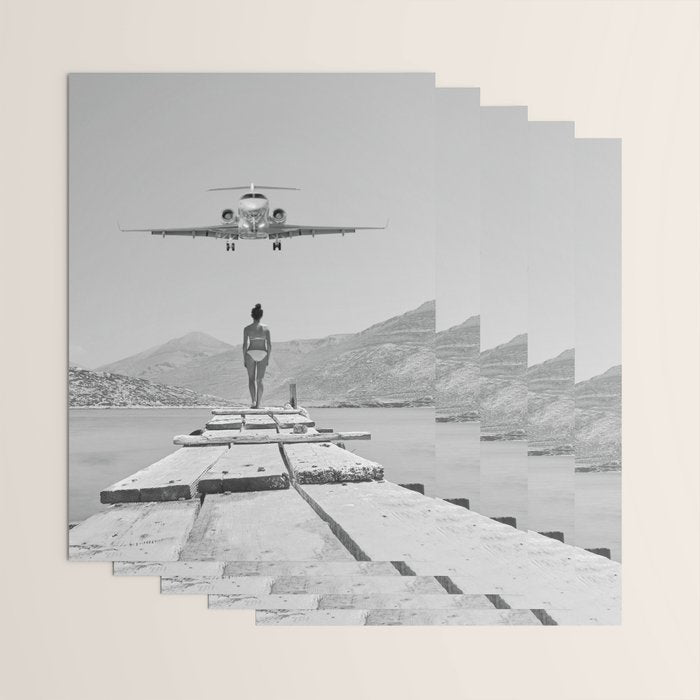 Steady As She Goes; aircraft coming in for an island landing black and white photography- photographs Wrapping Paper Gallery Image 3