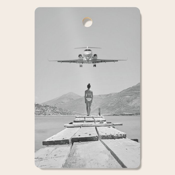 Steady As She Goes; aircraft coming in for an island landing black and white photography- photographs Cutting Board Gallery Image 1
