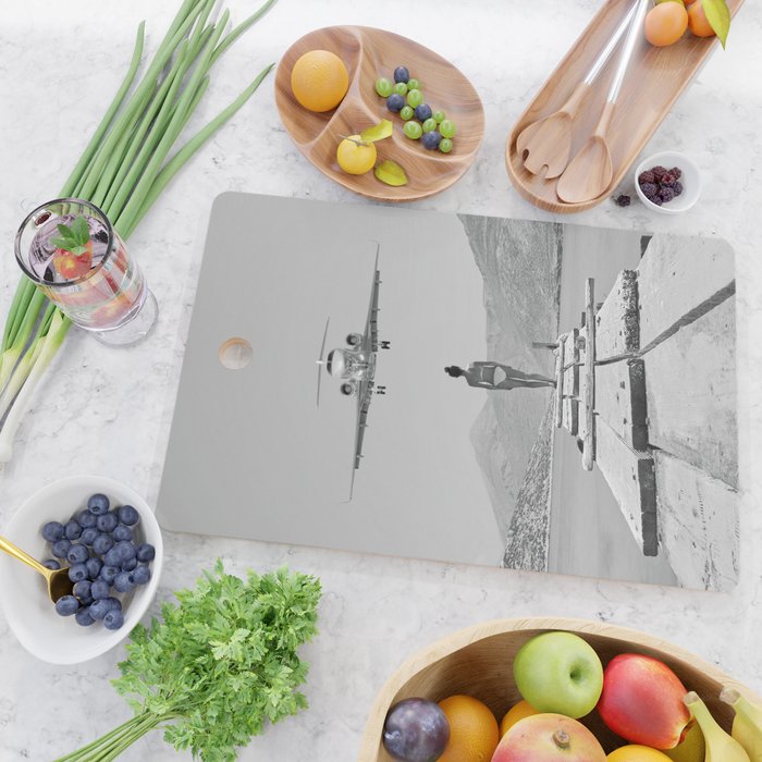 Steady As She Goes; aircraft coming in for an island landing black and white photography- photographs Cutting Board Gallery Image 2