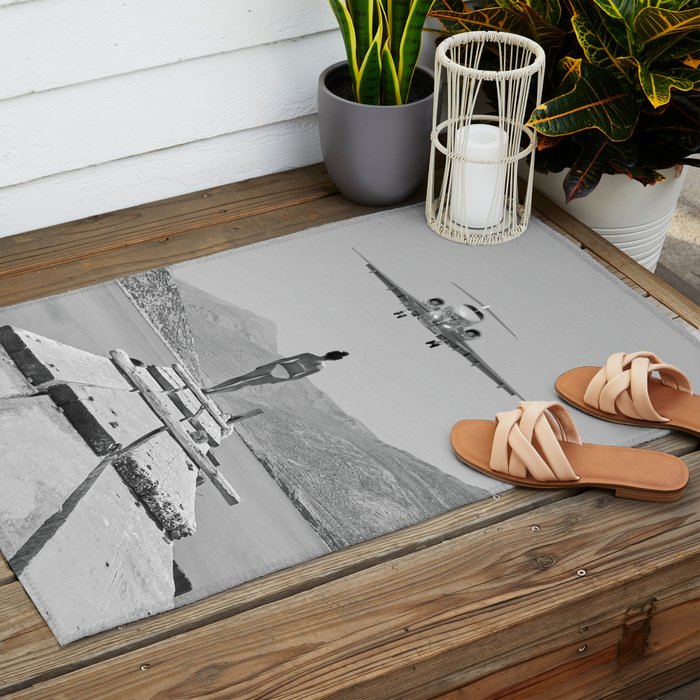 Steady As She Goes; aircraft coming in for an island landing black and white photography- photographs Outdoor Rug Gallery Image 2