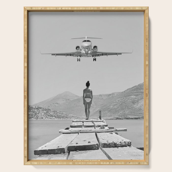 Steady As She Goes; aircraft coming in for an island landing black and white photography- photographs Serving Tray Gallery Image 1