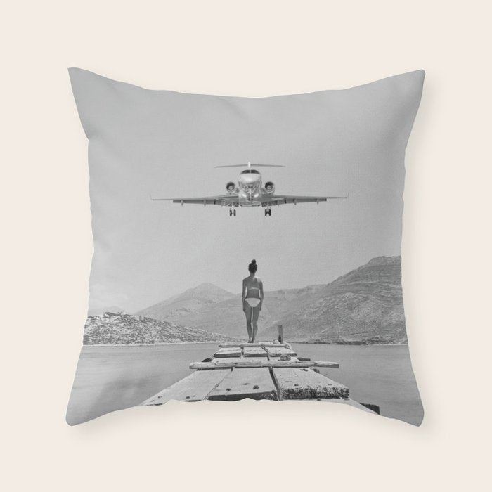 Steady As She Goes; aircraft coming in for an island landing black and white photography- photographs Throw Pillow Gallery Image 6