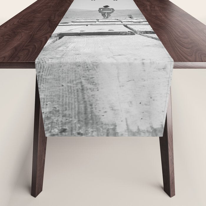 Steady As She Goes; aircraft coming in for an island landing black and white photography- photographs Table Runner Gallery Image 1